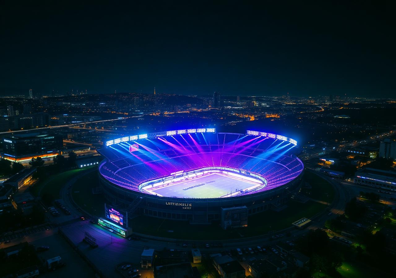 Vista aérea do Estádio MorumBIS iluminado